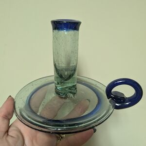 Handcrafted Glass Candle Holder - Blue and Clear